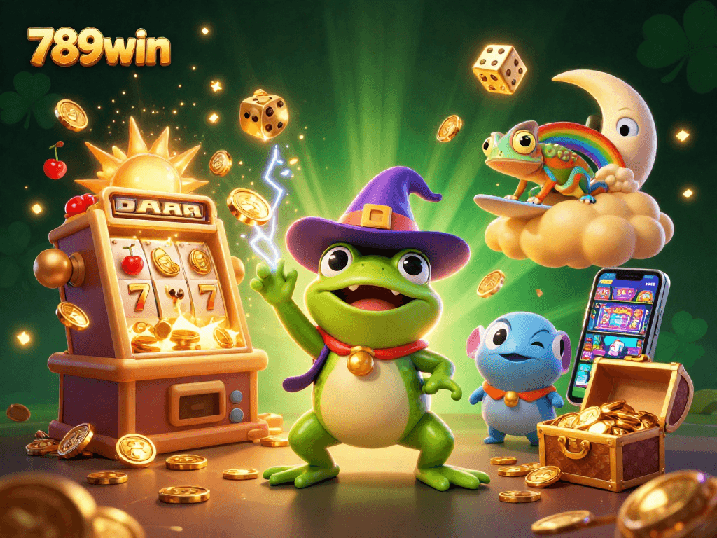Win big with 789win as a wizard frog conjures coins in a vibrant casino scene.