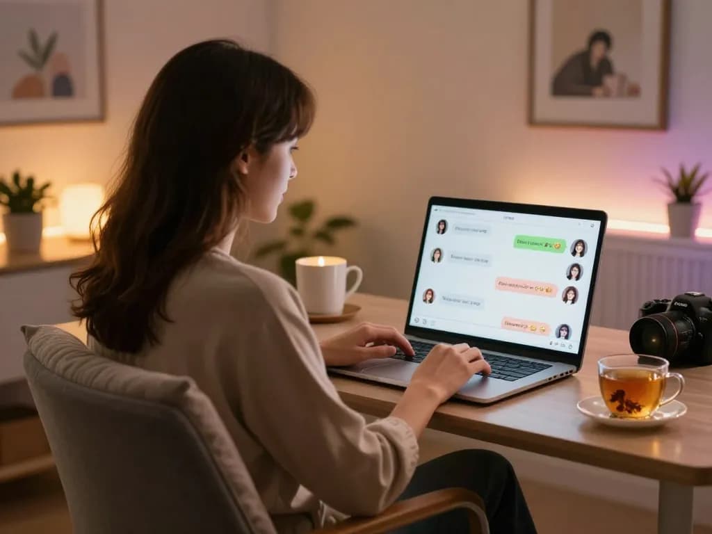 Engaging in a free ai sex chat, user connects with playful AI avatars in a cozy home office.