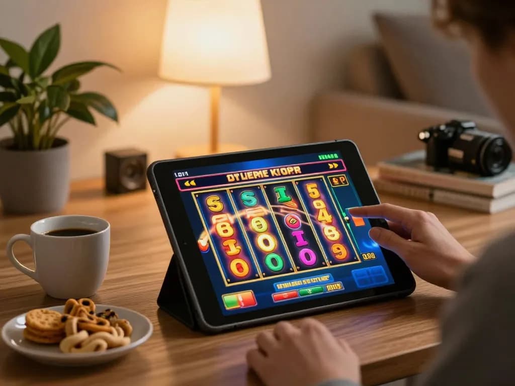 Player enjoying a slot game on their tablet at home, experiencing thrilling wins with 789 casino.