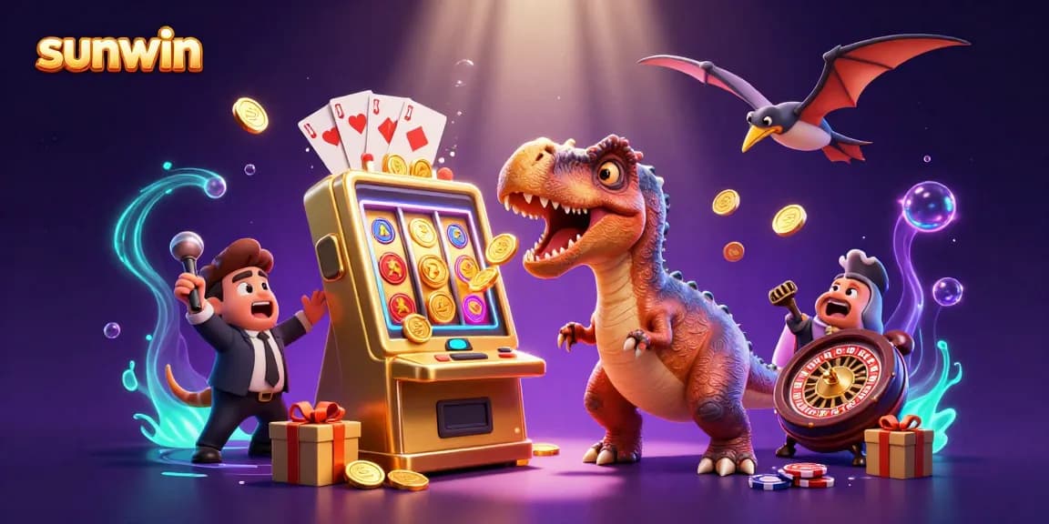 Sunwin's pachycephalosaurus strikes a golden slot machine as coins rain down in a vibrant casino scene.