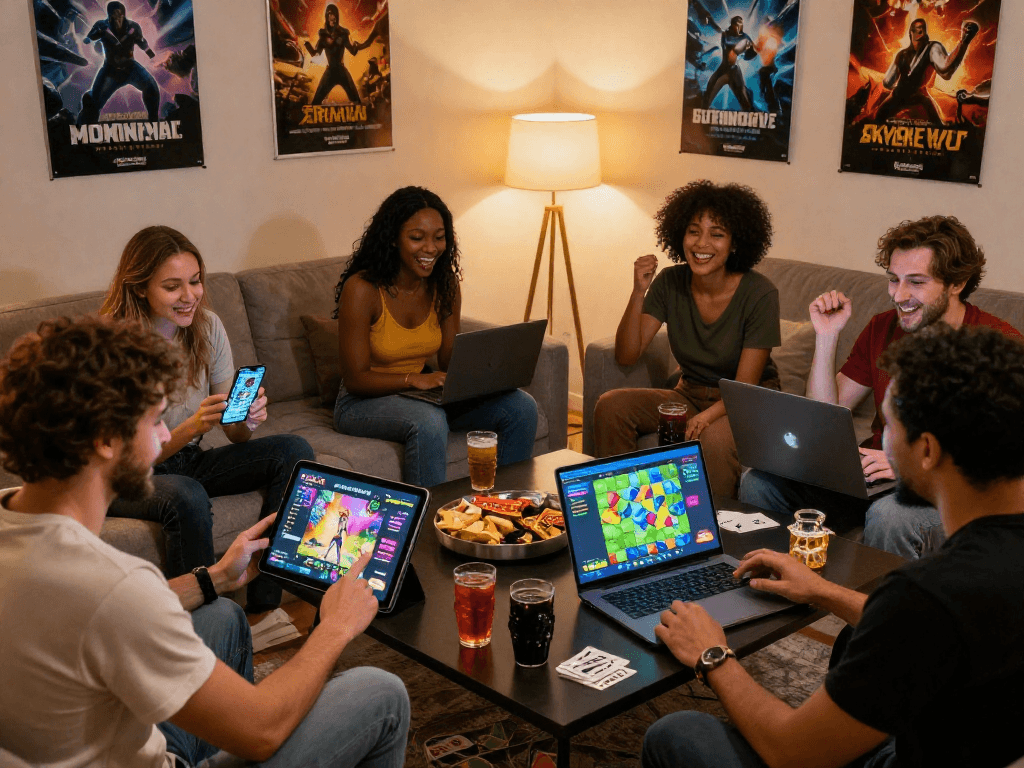 Group enjoying diverse lewdspot games on various devices in a cozy gaming environment.