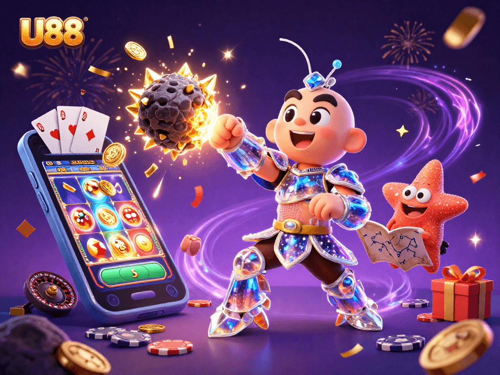 U88 players enjoy thrilling action as the galactic samurai mantis shrimp bursts golden gems while gaming.