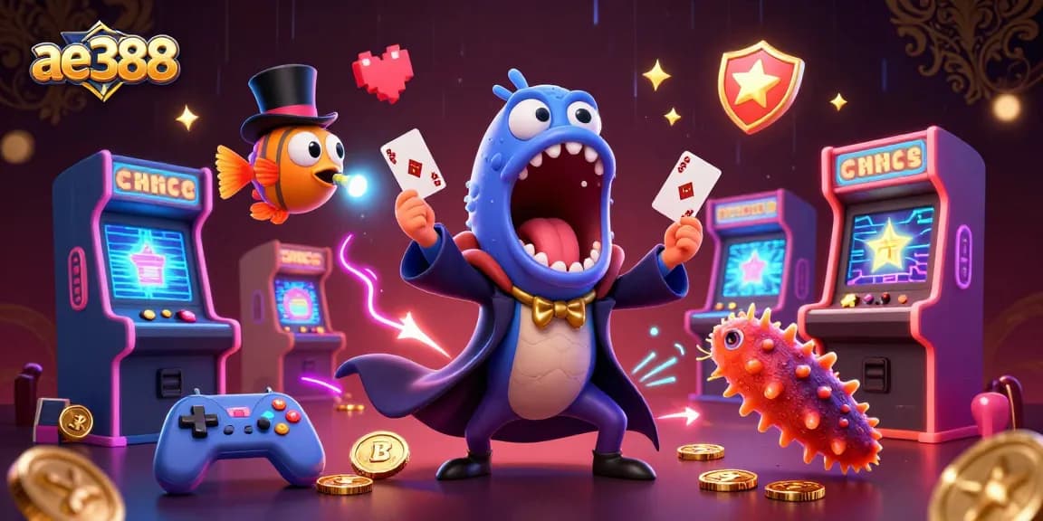 Engage with ae388's vibrant casino world featuring whimsical sea creatures performing exciting card tricks and magic.