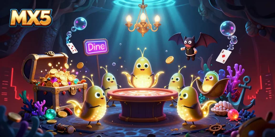 Experience excitement at MX5's vibrant cave casino with glowing characters and treasures.