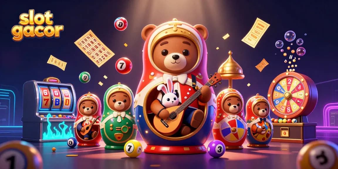 Engage in vibrant slot gacor excitement with a lively casino-themed 3D illustration featuring animated elements.