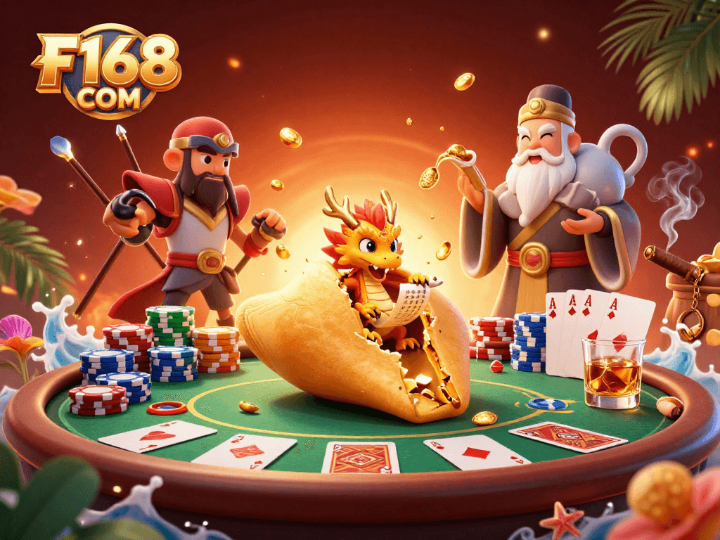 Engage with F168 COM at a vibrant casino scene featuring a wise dragon and fortune cookie.