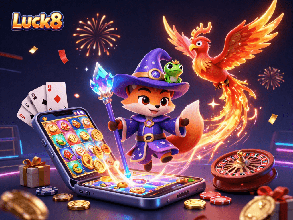 Experience the thrill of Luck8 with magical characters and dynamic casino elements in this 3D illustration.