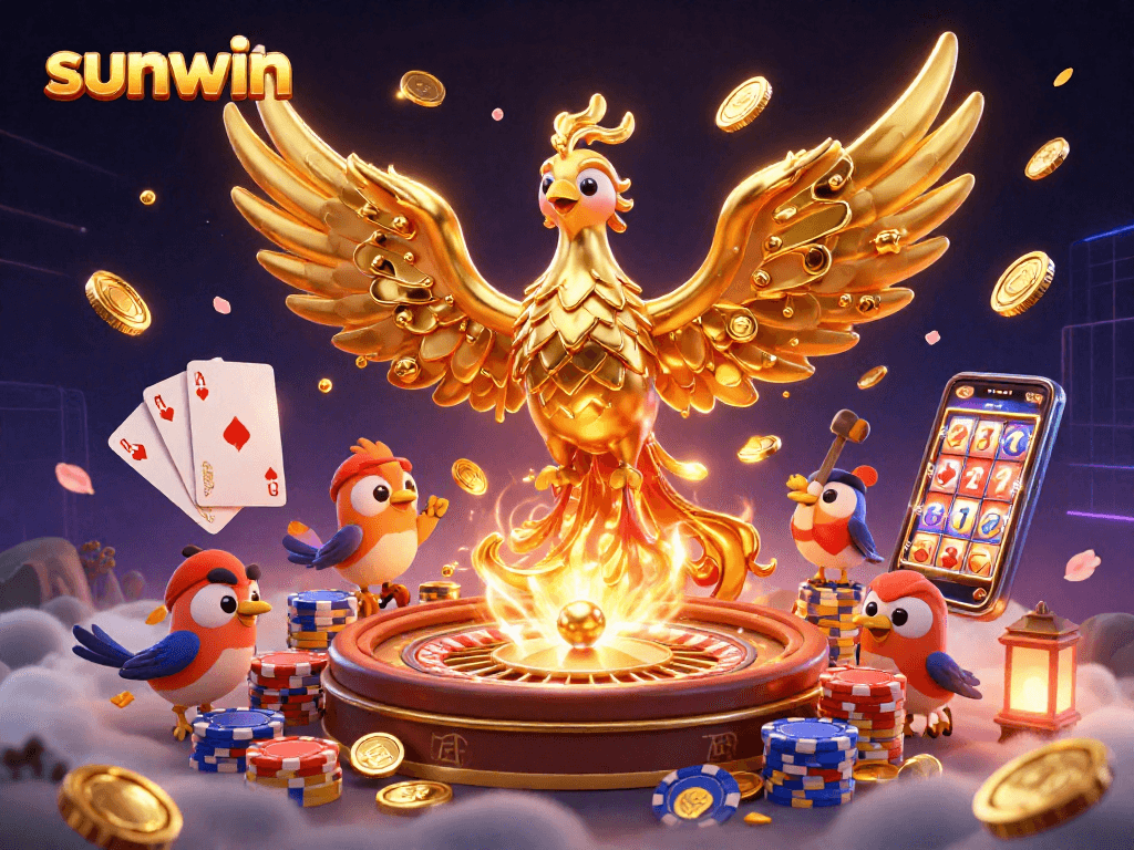 Engage in thrilling casino action with sunwin's phoenix and sparrows amidst coins and game elements.