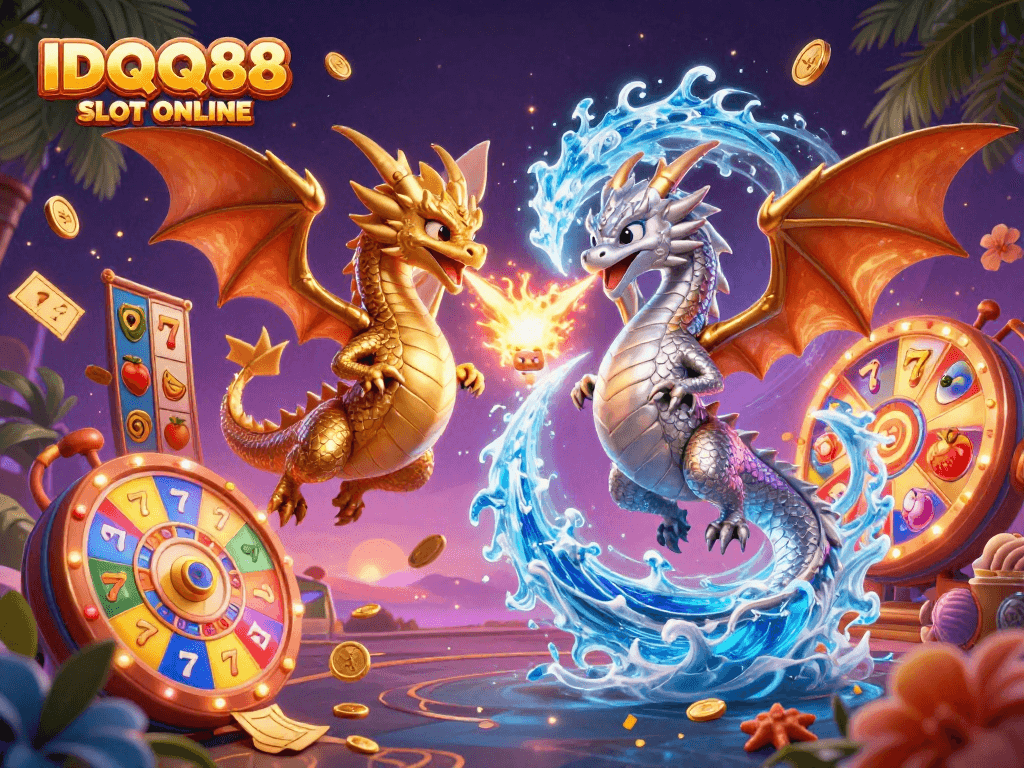 Experience the excitement of IDQQ88 SLOT ONLINE with dragons and dynamic slot elements in a vibrant 3D scene.