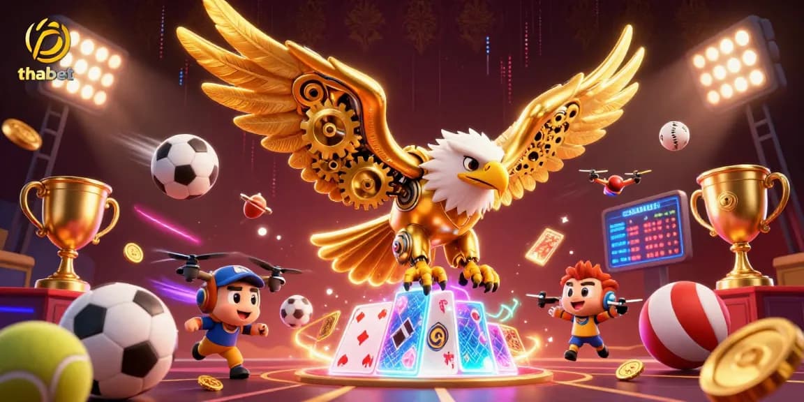 Experience thabet's thrilling dynamic gaming with a golden eagle amidst vibrant casino elements.
