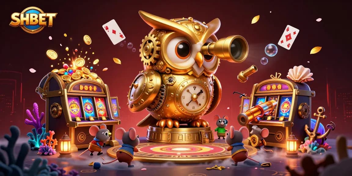 Experience SHBET excitement with a golden owl and wind-up mice in a vibrant casino scene.