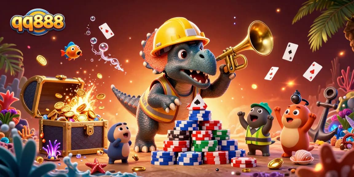 Engage in thrilling gaming action at qq888 with lively triceratops and coral-themed casino fun.