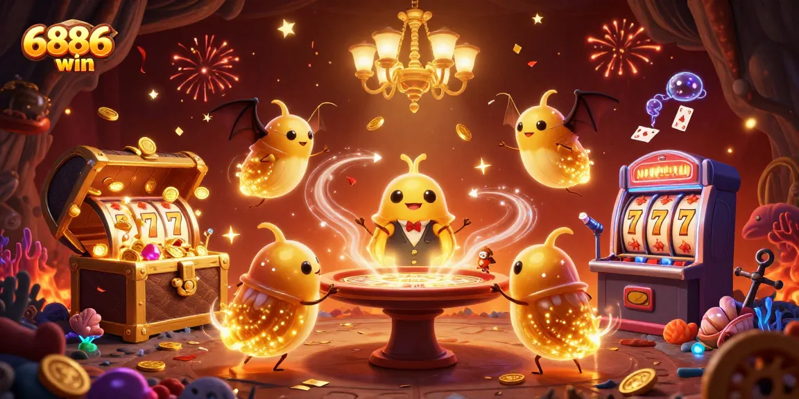 Experience the vibrant action of 6886win with glowing slots, coins, and a bat dealer in a 3D casino.