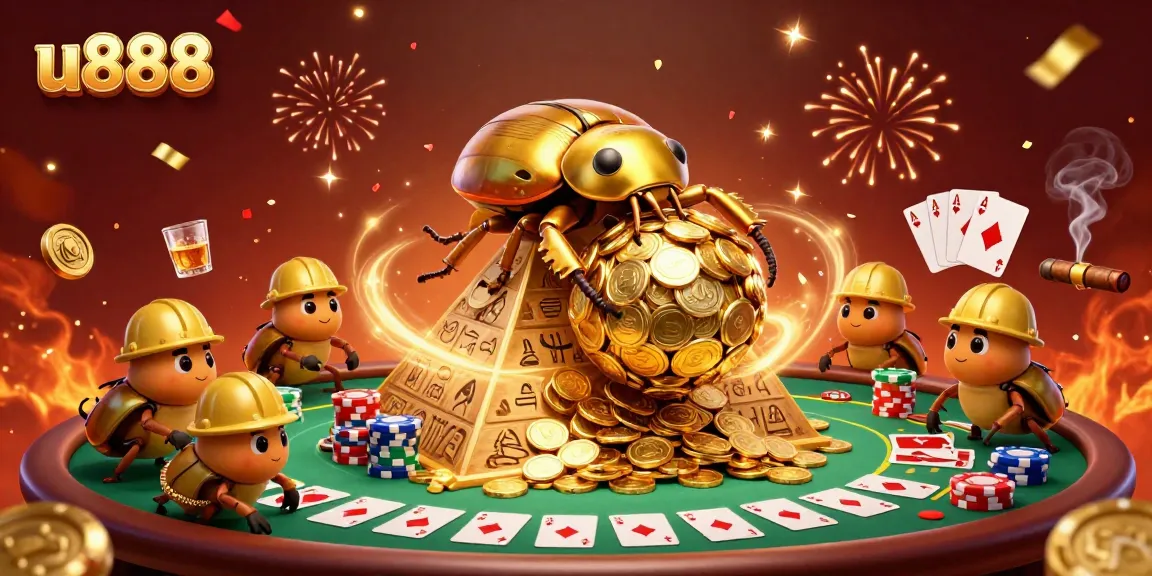 Experience thrills at u888 with a vibrant casino scene showcasing golden beetles rolling coins amidst poker elements.