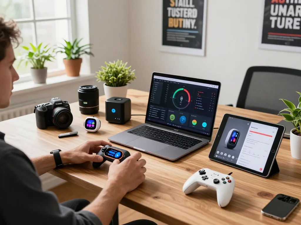 Person testing smart tech gadgets on a modern desk in a bright workspace.