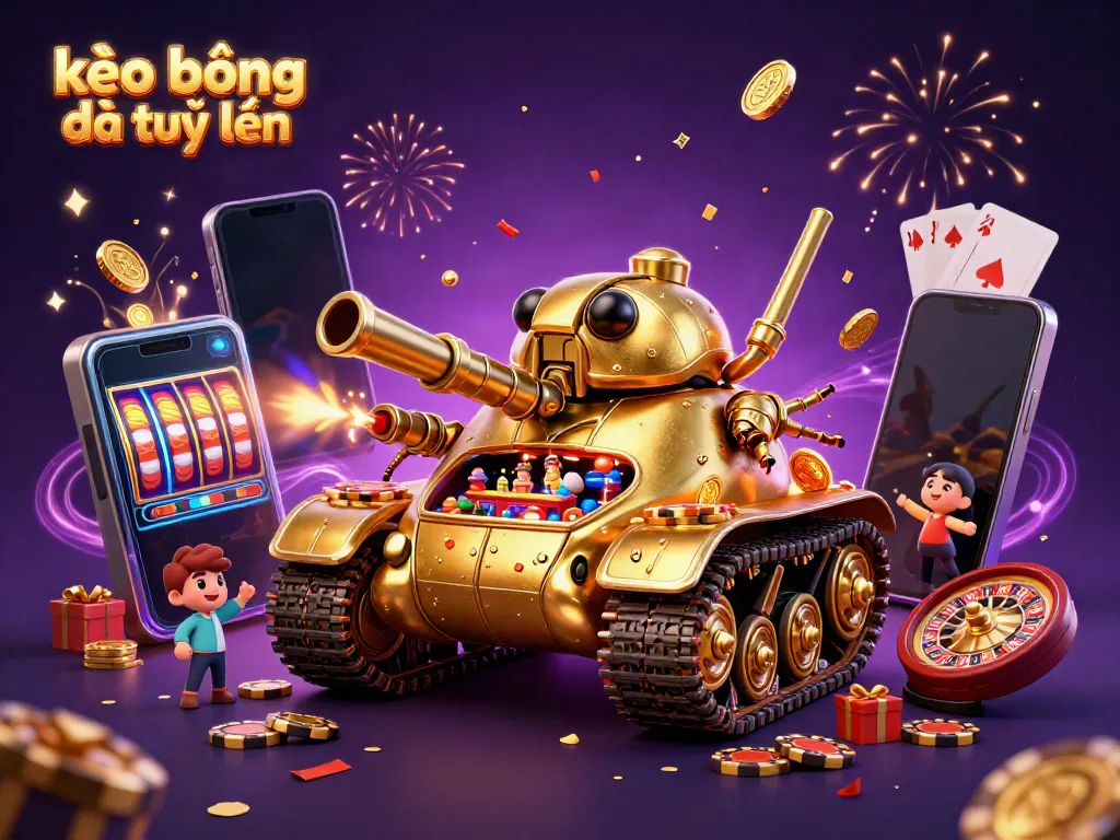 Engage in kèo bóng đá trực tuyến with an illustrated scene showcasing a golden beetle tank casino bursting with energy and celebration.