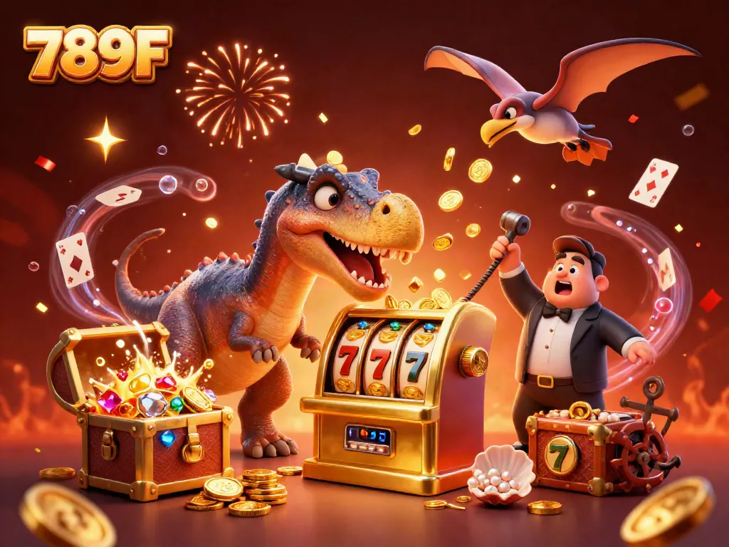 Experience thrilling jackpots with 789F as a dinosaur interacts with a golden slot machine, coins flying everywhere.