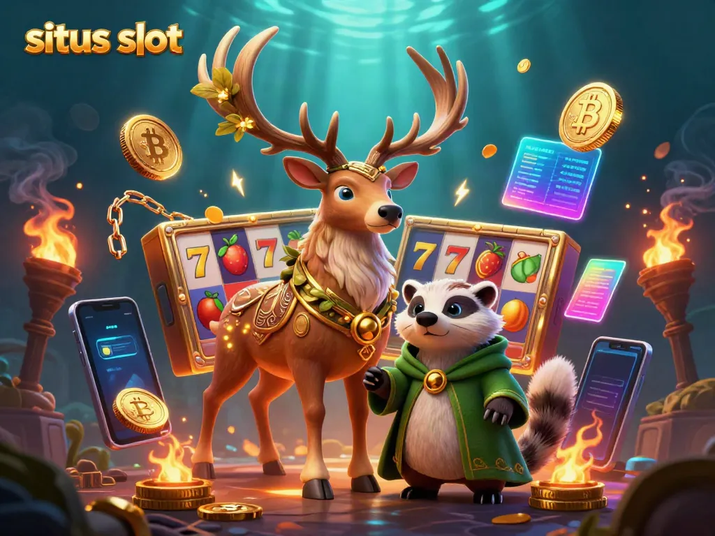 Experience the thrill of situs slot with dynamic visuals featuring a Celtic stag, slot machines, and cryptocurrency symbols.