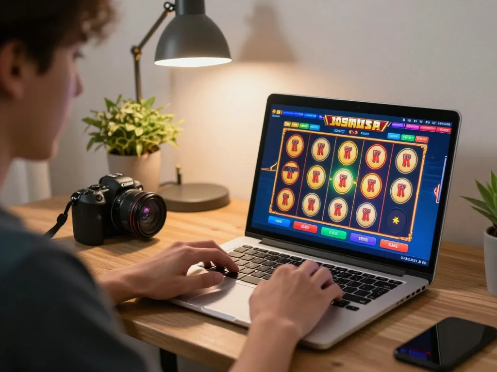 Engaging online slot pulsa gameplay captured in a stylish home setting, showing intense gaming action.
