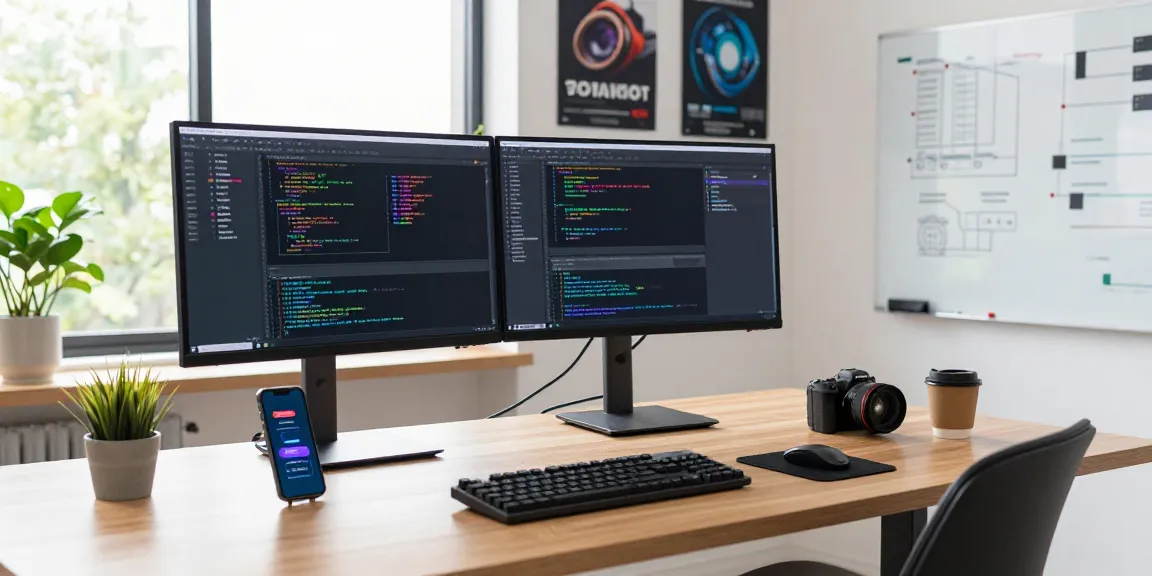 Dynamic workspace showcasing a developer using WhatsApp網頁版 on dual monitors, surrounded by tech gadgets.