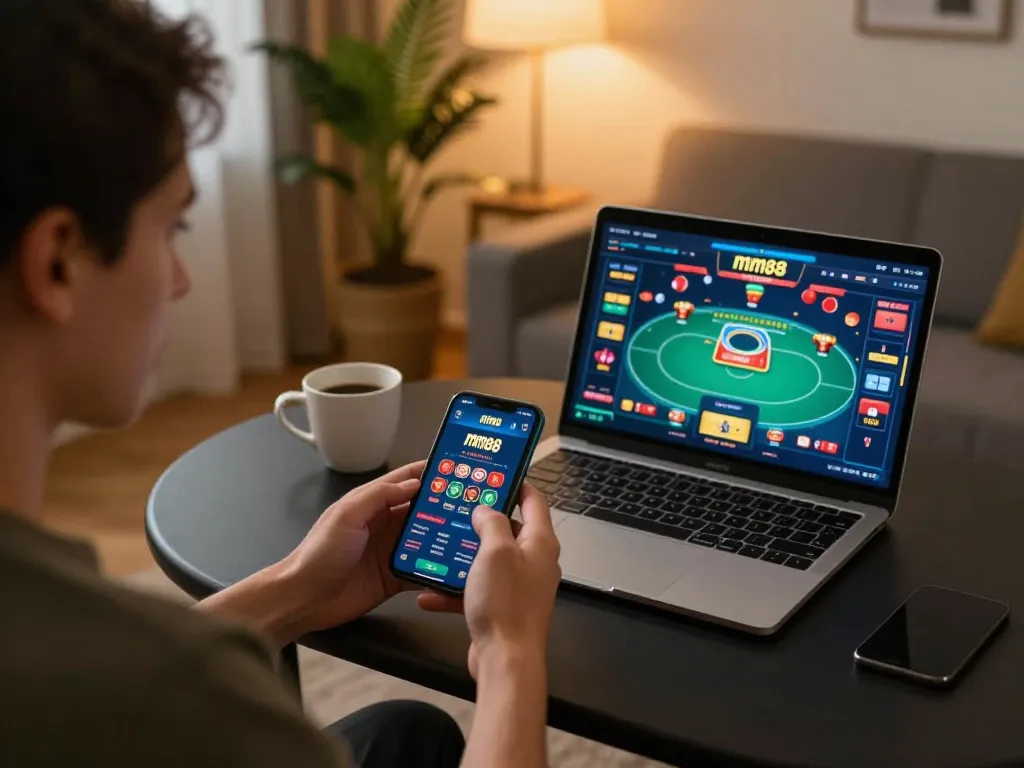 Engaging with the mm88 casino app on smartphone while enjoying a cozy home gaming environment