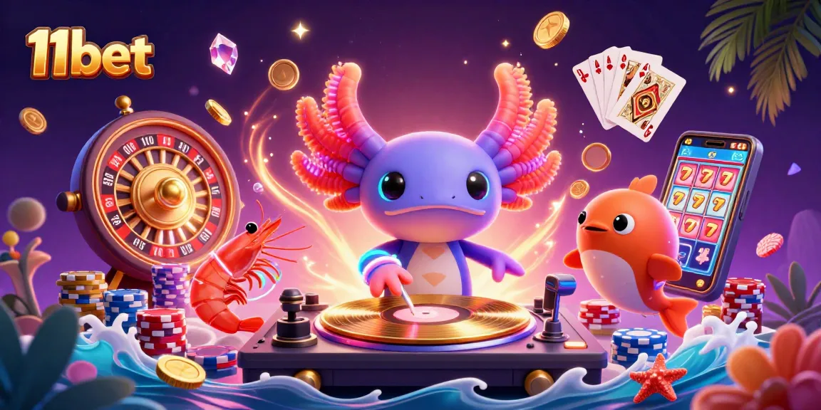 Experience the vibrant world of 11bet with a lively underwater casino scene featuring a neon axolotl DJ.