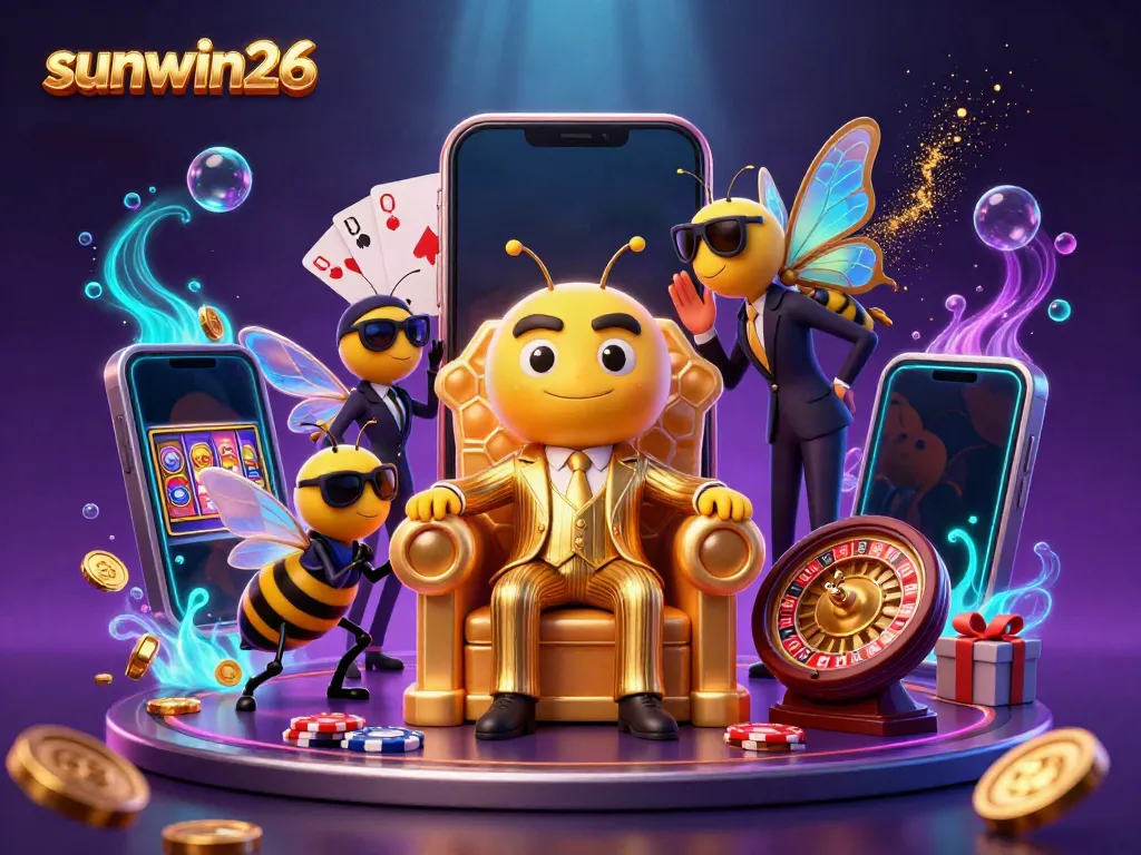 Engage with the sunwin26 casino experience, featuring a vibrant cartoon bumblebee mob boss and immersive slot games.