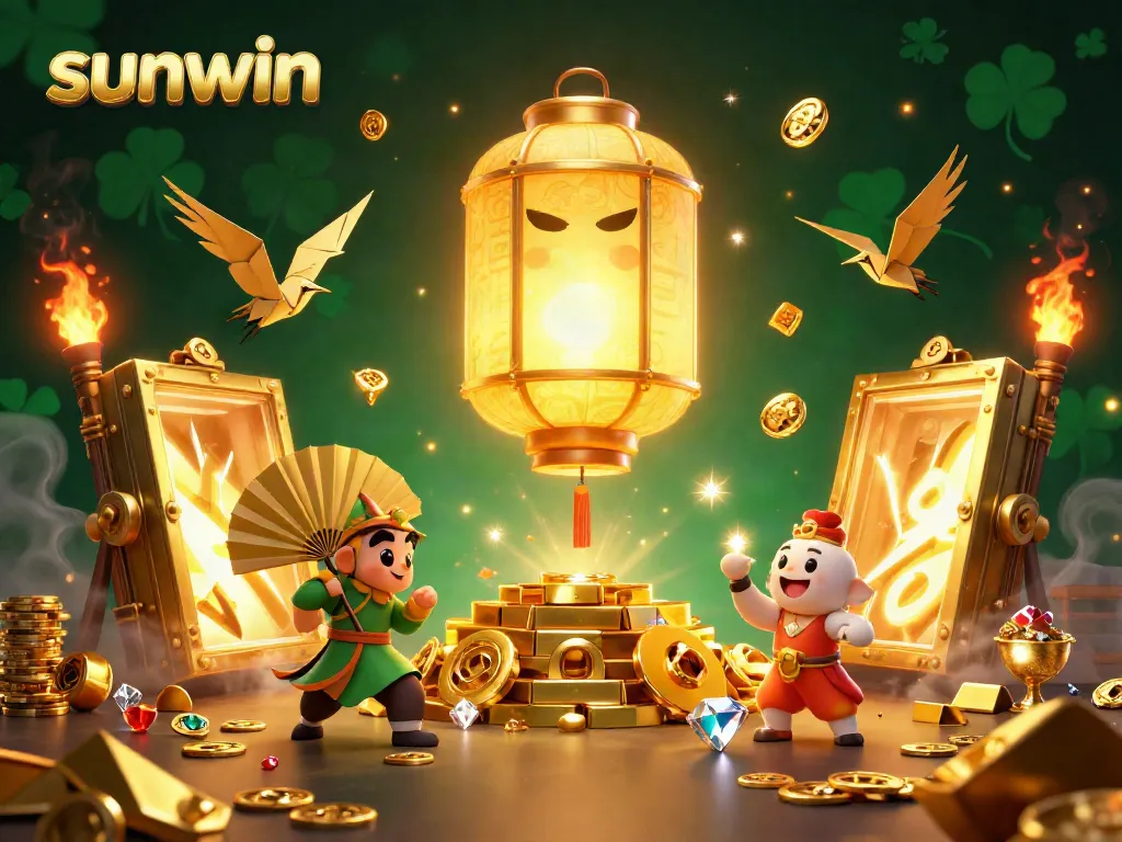 Engage in thrilling gameplay with sunwin's vibrant 3D illustration featuring golden treasures and dynamic casino elements.