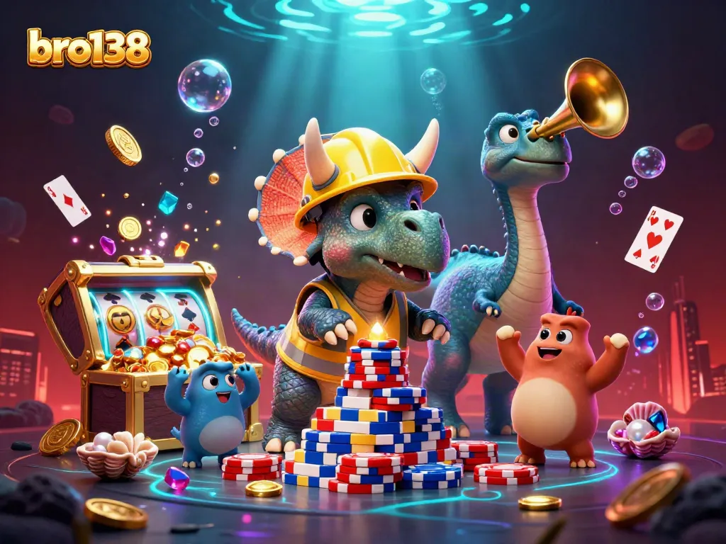 Experience the excitement at bro138 with a playful triceratops celebrating big wins in a vibrant casino scene.