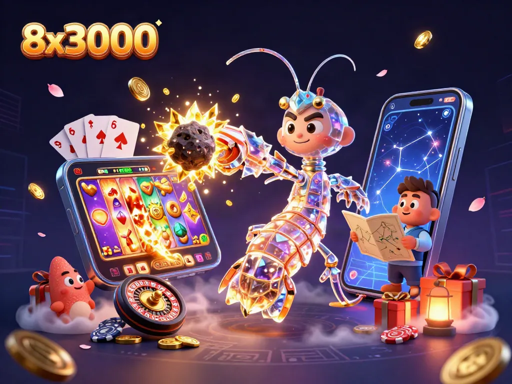 Experience thrilling gameplay at 8x3000 with a vibrant scene featuring exciting slot games and dynamic characters.