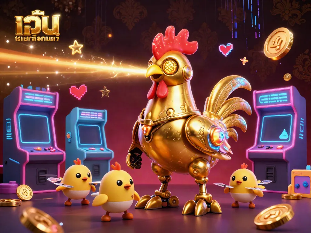 Engage with the thrilling world of เว็บสล็อตแท้ featuring a retro-futuristic rooster robot and dynamic arcade game elements.