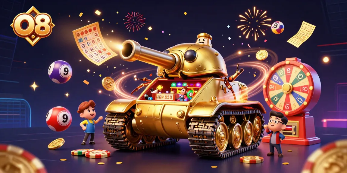Engage with O8's exciting gambling experience featuring a golden beetle tank casino scene.