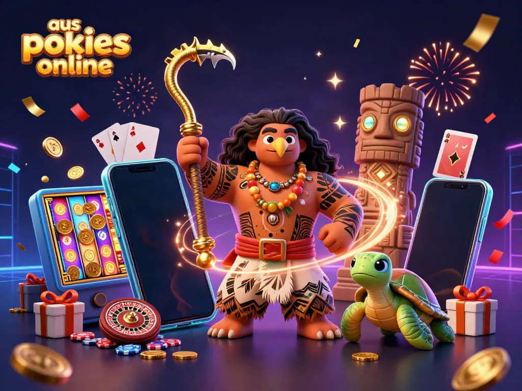 Experience excitement with aus pokies online in a vibrant 3D casino scene filled with action.