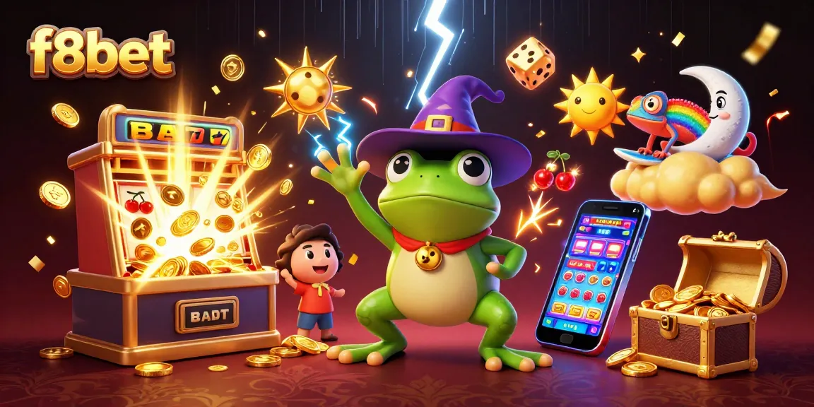 Experience the thrilling f8bet adventure with a wizard frog and chameleon amidst jackpot excitement!