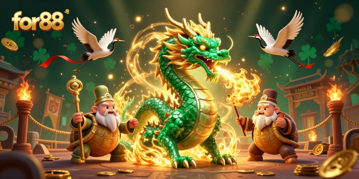 Experience thrilling gameplay with for88 in a dynamic 3D casino illustration featuring dragons and turtles.