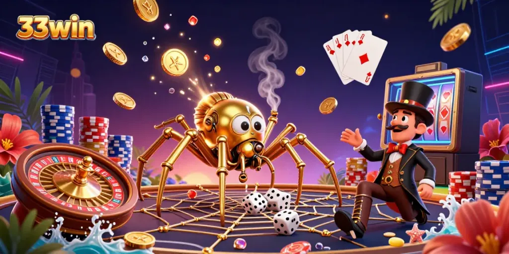 33win illustration showcasing a steampunk spider and Victorian fly gentleman amidst cascading coins and colorful casino elements.
