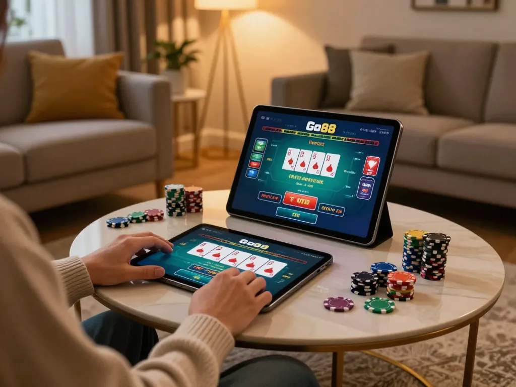 Engaging with Go88's live poker on tablet in a stylish home setting, highlighting online gambling.