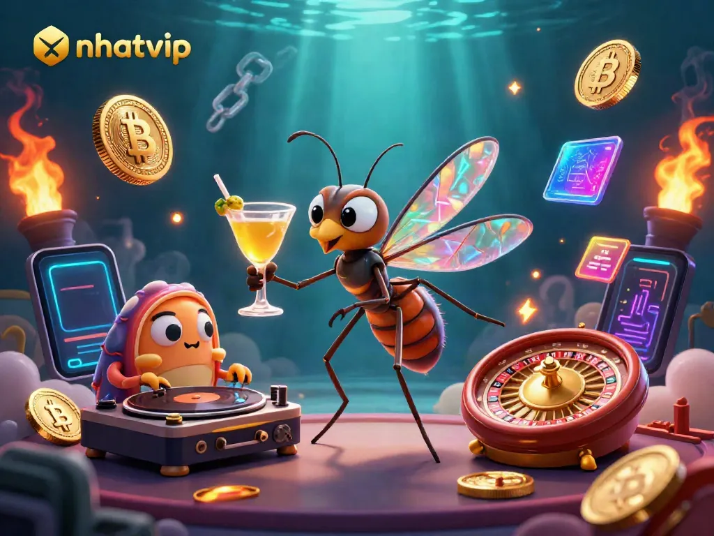 Engage with nhatvip as a vibrant casino scene featuring unique characters and dynamic gaming elements.