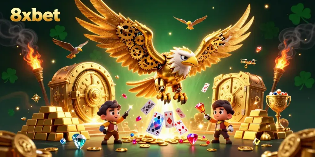 Play thrilling games at 8xbet, featuring an eagle and treasure in a vibrant casino scene.