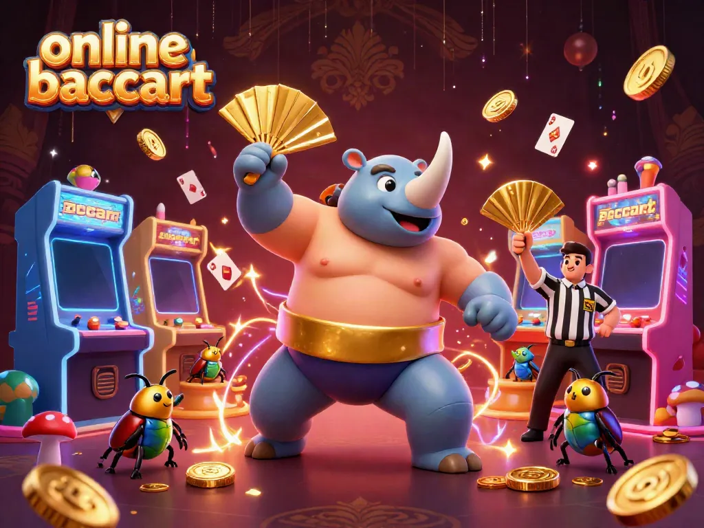 Experience online baccarat action with a dynamic scene featuring a rhinoceros beetle sumo wrestler in vibrant casino settings.