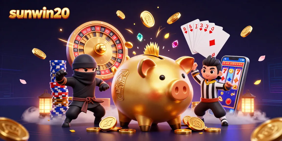 Experience thrilling gameplay with sunwin20 and a sumo wrestler, wallet-ninja, and samurai referee immersed in a bustling casino scene.