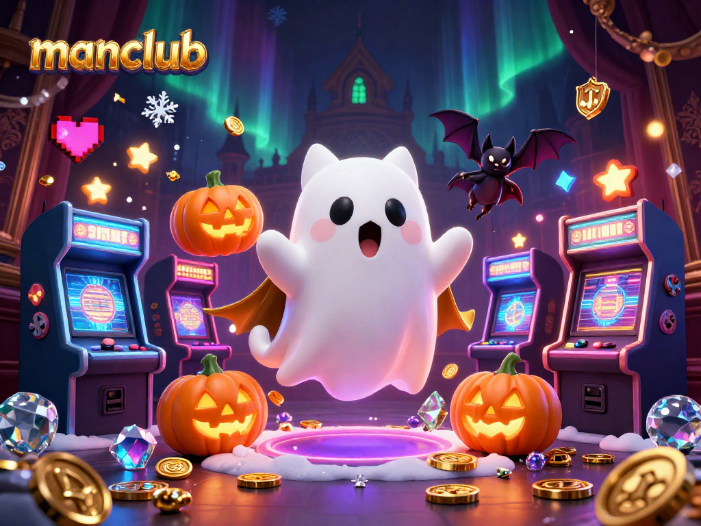 Engage with manclub's haunted casino adventure featuring a ghost cat and bat in a vibrant 3D scene.