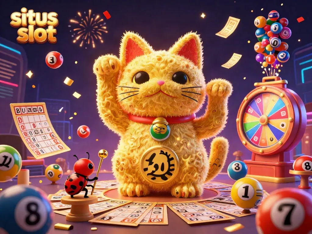 Experience the lively world of situs slot with a golden lucky cat and colorful casino elements.