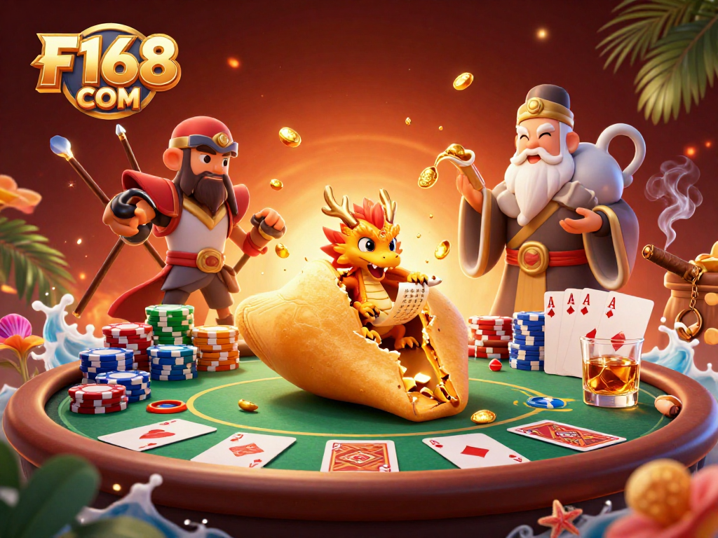Engage with F168 COM at a vibrant casino scene featuring a wise dragon and fortune cookie.
