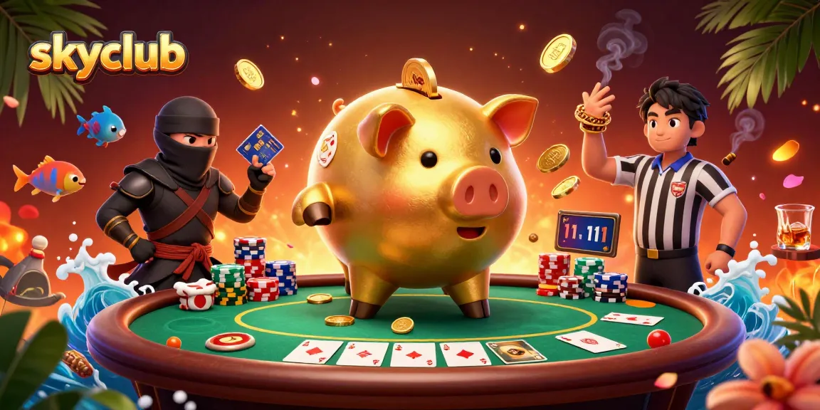 Engage with the skyclub's thrilling fish shooting game featuring dynamic characters and vibrant casino elements.