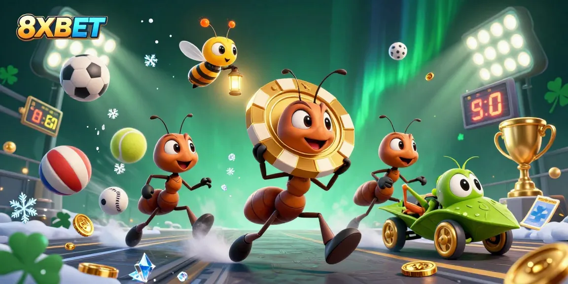 Experience thrilling action with 8XBET as cartoon ants conduct a heist in a vibrant casino scene filled with gem-encrusted poker chips.