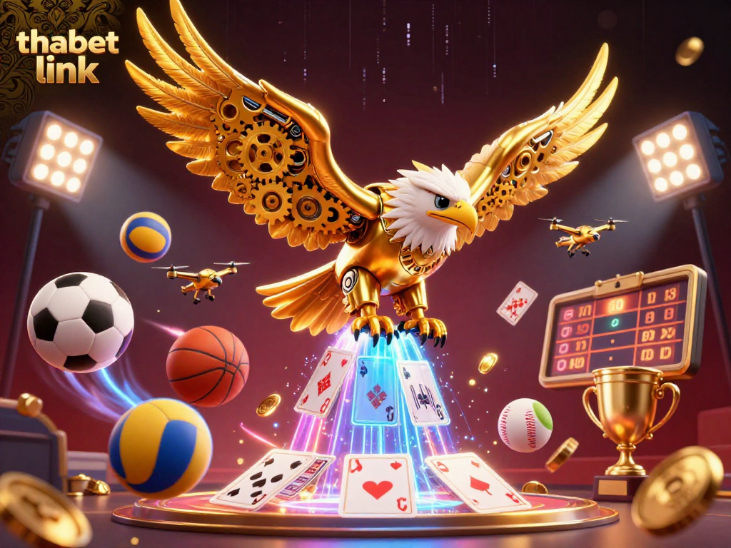 Win big with thabet link in this dynamic illustration of a cybernetic eagle amidst sports betting elements.