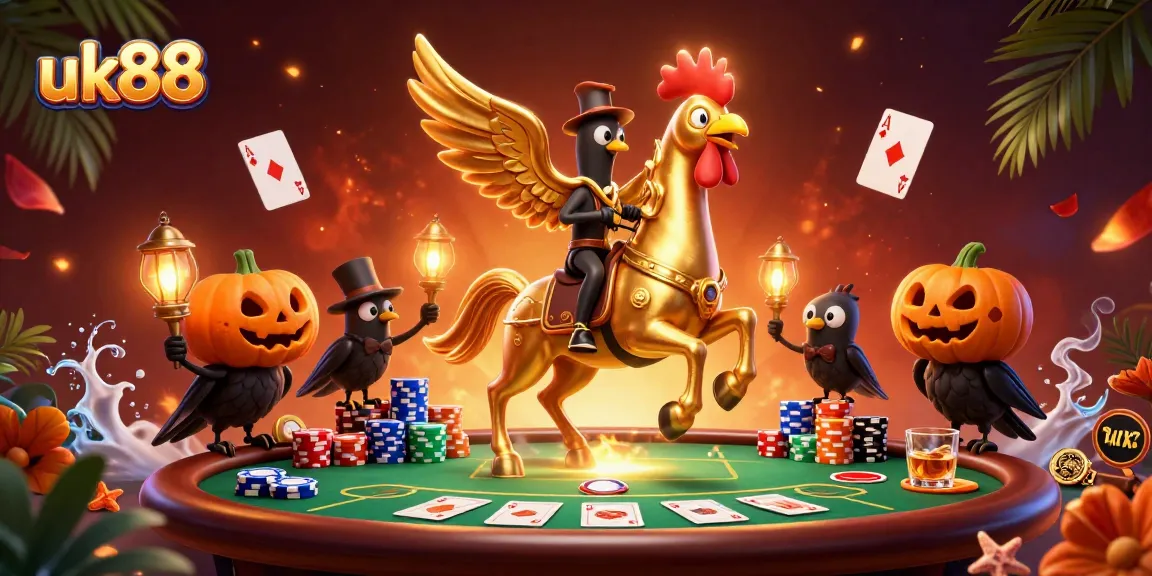 uk88 engages in thrilling midnight casino action with vibrant characters and poker elements.