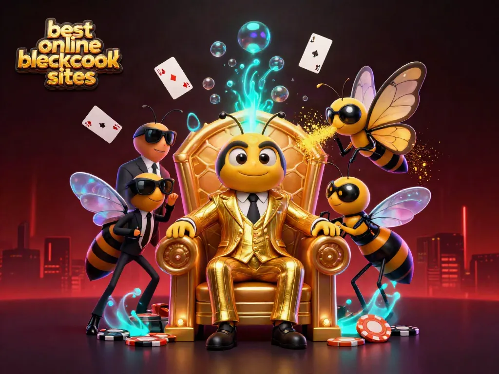 Experience the excitement of the best online blackjack sites with a buzzing bumblebee mob boss and his entourage in this vibrant 3D scene.