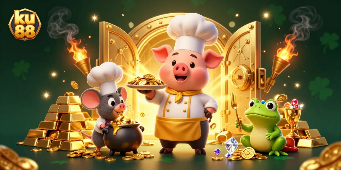 ku 88 offers a vibrant 3D casino scene with characters celebrating gold and luck.